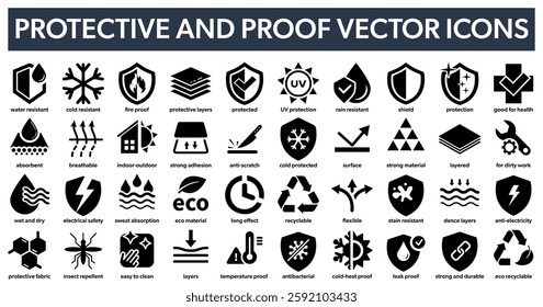 Protective and proof vector icons. Waterproof, fireproof, layered material and other. Protective clothing signs.
