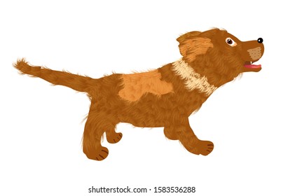 Protective puppy barking at someone, possibly at a kitten. Realistic style vector illustration isolated on white background.