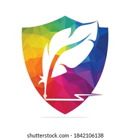 Protective Quill Feather Pen logo vector design. Writer icon flat style design with color for identity, business and button.