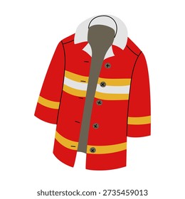 Chaqueta protectora de bombero roja con rayas reflectantes amarillas. Ilustración en color plano de la insignia uniforme para infografías de seguridad contra incendios, catálogos de ropa profesional, libros educativos para niños
