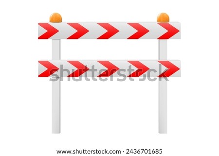 Protective road barrier with red stripes for blocking road. Realistic 3d Vector illustration of a guardrail, road barrier fence, isolated on white. Road construction, roadblock sign