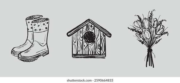 Protective rubber boots, wooden bird feeder, and bouquet of spring tulip flowers in black brush stroke texture isolated on white. Hand drawn vector sketch illustration in vintage charcoal ink