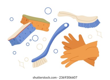 Protective rubber gloves, different brushes, washcloth and sponge cleaning stuff vector illustration