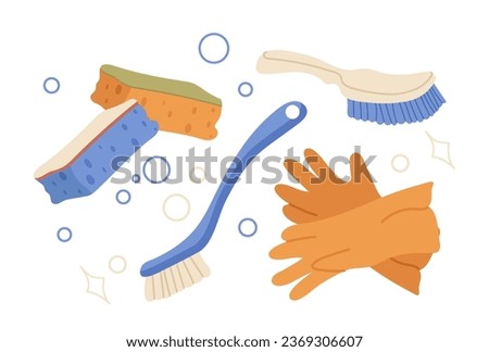 Protective rubber gloves, different brushes, washcloth and sponge cleaning stuff vector illustration