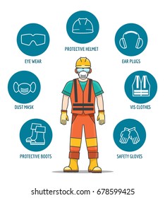 Protective and Safety Equipment or ppe vector illustration. Helmet and glasses, gloves and headphones icons for worker job protection