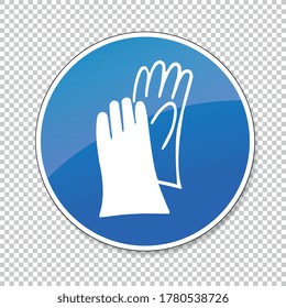Protective safety gloves must be worn. Wear protective gloves, Protective safety boots must be worn mandatory sign or safety sign, on checked transparent background. Vector Eps 10.