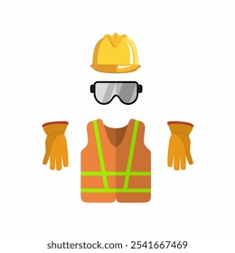 Protective safety outfit. Work uniform, protecting equipment. Worker wearing security helmet, protection eye glasses, vest, apron, gloves. Flat graphic vector illustration isolated on white background