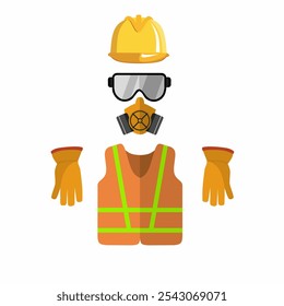 Equipamento de segurança de proteção. Trabalhe uniforme, protegendo o equipamento. Trabalhador usando capacete de segurança, óculos de proteção, colete, máscara respiratória, luvas. Ilustração vetorial gráfica plana. Isolado.