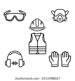 Protective safety things. Protecting equipment. Helmet, protection eye glasses, vest, gloves.