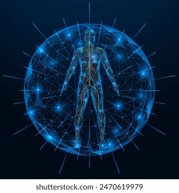 Protective shell of the human nervous system. Polygonal design of interconnected elements. Blue background.