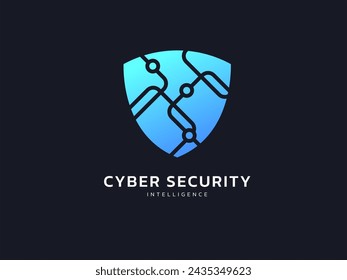 Protective shield with abstract circuit board cyber security and protection logo vector design concept. Artificial intelligence Protection Guard Symbol for big data, robotics, advance technology, web.