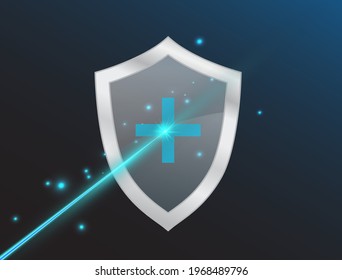 Protective Shield With Blue Laser Beam Isolated On Transparent Background. Medical Glass And Steel Buckler Symbol. Pharmacy Protection Sign. Vector Illustration.