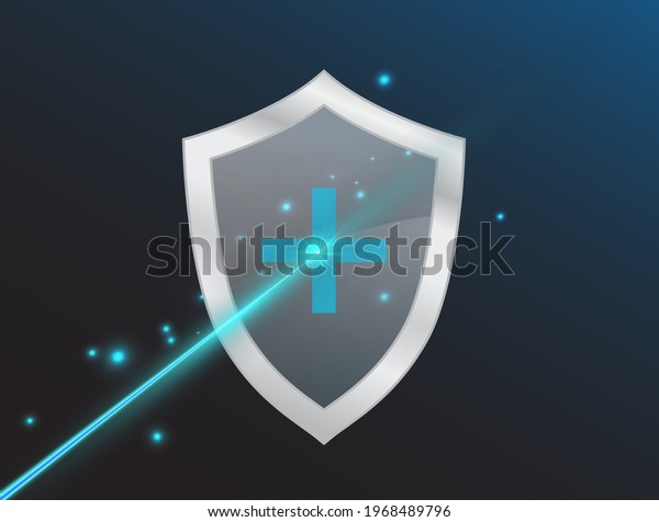 Protective shield with blue laser\
beam isolated on transparent background. Medical glass and steel\
buckler symbol. Pharmacy protection sign. Vector\
illustration.