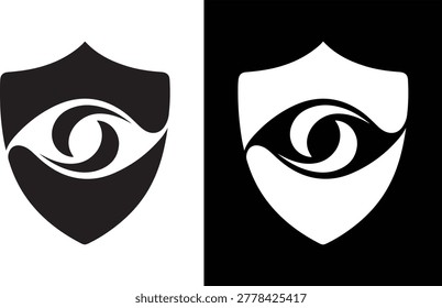 Protective shield with central eye icon vector graphic security protection vigilance illustration contrast minimalist abstract silhouette collection watchful observation detection