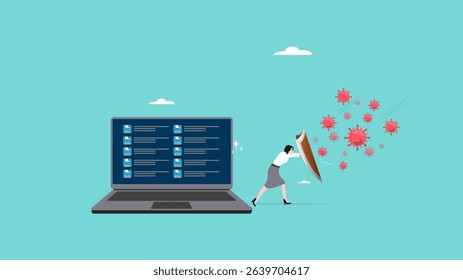 protective shield company data security from cyber attacks, woman uses a protective shield to prevent viruses from attacking company data on laptop computers, protection from threat illustration