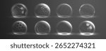 Protective shield dome with 3D glass sphere effect and transparent barrier. Blue futuristic hexagon energy field for cyber security technology. Realistic protect shield with holographic mesh bg.