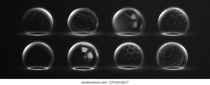 Cúpula protectora del escudo con el efecto de la esfera de cristal 3D y la barrera transparente. Campo de energía hexagonal futurista azul para tecnología de seguridad cibernética. Diseño realista del marco de alambre con la malla holográfica para el def