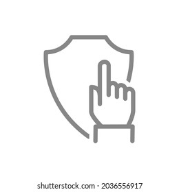 Protective shield with hand, forefinger line icon. Protection, security sign, choice, direction