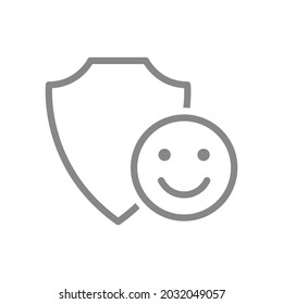 Protector con icono de la línea de la cara feliz. Protección, revisión, evaluación positiva del sistema de protección