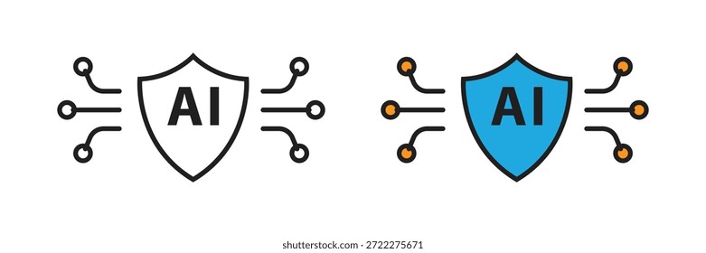 Ícone de escudo protetor com texto AI flanqueado por linhas de circuito. Representa segurança cibernética avançada, firewalls com IA e sistemas de proteção de dados digitais.