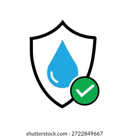 Um ícone de escudo protetor com uma gota de água azul e uma marca de seleção verde, indicando resistência ou proteção à água.