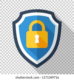 Protective shield icon with locked padlock in flat style with long shadow on transparent background