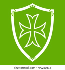 Protective shield icon white isolated on green background. Vector illustration