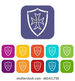 Protective shield icons set vector illustration in flat style in colors red, blue, green, and other