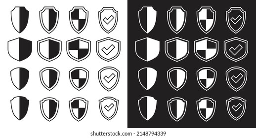Protective shield icons vector set on white and black backgrounds
