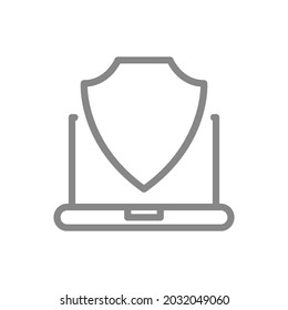 Escudo protector e icono de la línea del portátil. Antivirus, equipo seguro, protección de archivos