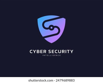 Protective shield with letter S circuit board lines cyber security and protection logo vector design concept. Artificial intelligence Protection Guard for big data, robot, advance technology, ui, web.