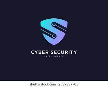 Escudo protetor com letra S linhas de placa de circuito segurança cibernética e proteção logotipo vetor conceito de projeto. Proteção de inteligência artificial Proteção para grandes dados, robô, tecnologia avançada, ui, web.