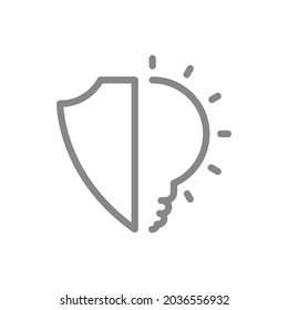 Protective shield with light bulb line icon. Brilliant idea, protection of intellectual property