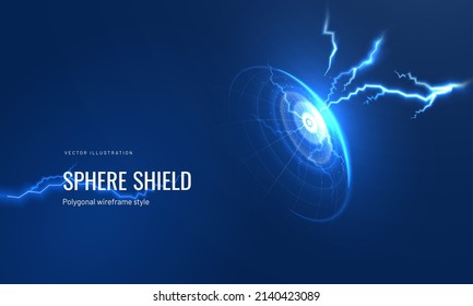 Protective shield with lightning in a futuristic style on a dark background with a glowing effect. Sparks strike the dome like a cyber armor concept or a force energy field effect. vector illustration