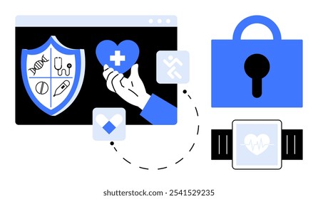 Protective shield with medical icons and a secure padlock. Hand holding a heart with a medical cross. Ideal for medical data protection, healthcare, secure technology, telemedicine, and wearable