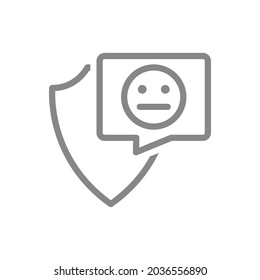 Protective shield with neutral face in buble speech line icon. Protection, emoji rating, feedback, negative assessment