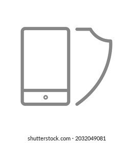 Protective shield and smartphone line icon. Antivirus, secure phone, file protection