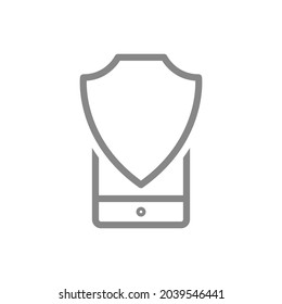 Escudo protector e icono de la línea de smartphone. Antivirus, teléfono seguro, protección de archivos