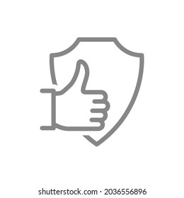 Protective shield with thumb up gesture line icon. Protection, insurance, positive assessment of the protection system, defense