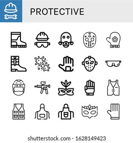 protective simple icons set. Contains such icons as Helmet, Boots, Gas mask, Hockey mask, Hand glove, Paintball, Gloves, Protective, Paintball gun, can be used for web, mobile and logo