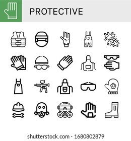 protective simple icons set. Contains such icons as Gloves, Life vest, Hockey helmet, Glove, Overall, Paintball, Goggles, Apron, Protective, can be used for web, mobile and logo