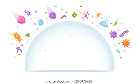 Protective sphere against viruses and bacteria probiotics from infections. Vector positive bacterium microorganisms, healthy microscopic cells and globe barrier. Vaccination protection from covid 2019