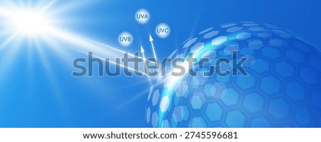 Protective sphere dome blocking sun UV light. Transparent shield barrier with glowing effect on blue background. Skin protection concept. Vector illustration.