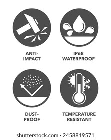 Características protectoras estandarizadas de cualquier dispositivo digital - Anti-impacto, IP68 impermeable, a prueba de polvo, resistente a la temperatura. Iconos monocromos en Formas circulares