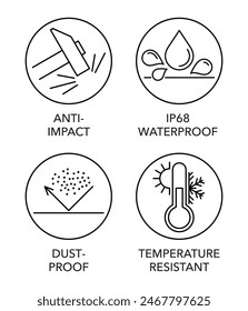 Características protectoras estandarizadas de cualquier dispositivo digital - Anti-impacto, IP68 impermeable, a prueba de polvo, resistente a la temperatura. Iconos finos en Formas circulares