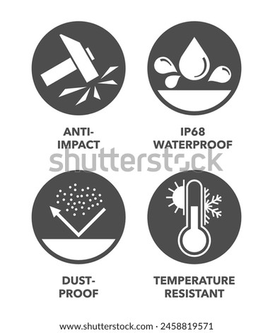 Protective standardized characteristics of any digital device - Anti-impact, IP68 waterproof, Dust-proof, Temperature resistant. Monochrome icons set in circle shapes