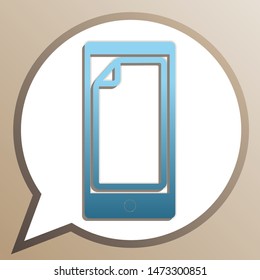 Protective sticker on the screen. Bright cerulean icon in white speech balloon at pale taupe background. Illustration.