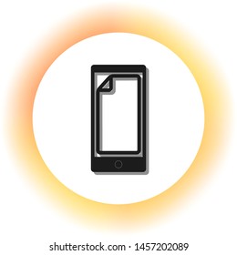 Protective sticker on the screen. Dark icon with shadow on the glowing circle button. Illustration.