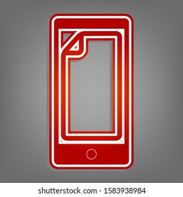 Protective sticker on the screen. Flat red icon with linear white icon with gray shadow at grayish background. Illustration.