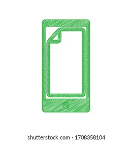 Protective sticker on the screen. Green scribble Icon with solid contour on white background. Illustration.